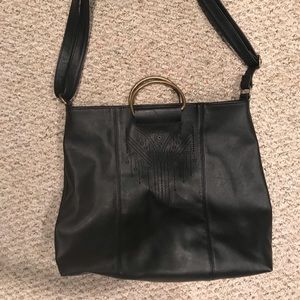 Women’s black leather shoulder bag w/gold accents